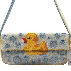 NWT Viral Beaded Shoulder Bag Purse Rubber Duck Bath Bubbles Blue Silver Yellow
